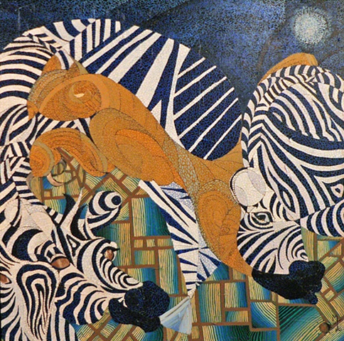 zebras and a lioness under moon light in the Sahara of Africa,