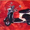 Tuxedo Scooter on Red Swirls