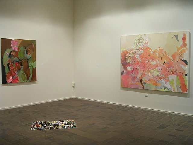 L to R: Lydia Mullen painting, David Baumflek floor sculpture, Noah Landfield "The Garden"