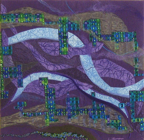 "Techno Flow" is a felted mixed media piece of contemporary fiber art by Linda Thiemann.