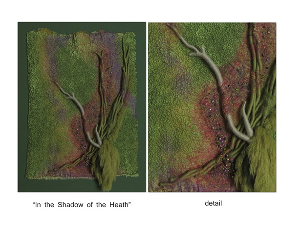 "In the Shadow of the Heath" is a Nuno felted mixed media piece of contemporary fiber art by Linda Thiemann. 