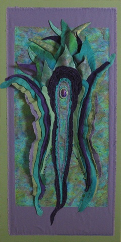 "Dancing at Veneralia" is a felted mixed media piece of contemporary fiber art by Linda Thiemann. 