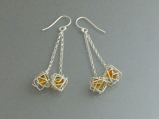 Silver Wire Wrapped Amber Drop Earrings
