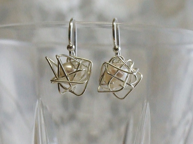 Silver Wire Wrapped Fresh Water Pearl Loop Earrings