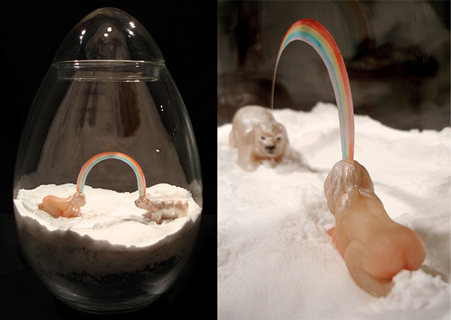 Connection (a woman and a juvenile polar bear thinking a rainbow)