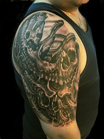 Skull, skulls, black and gray, biomech, biomechanical, realism, ryan w thomas, tattoo