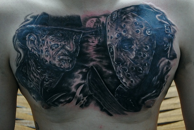 Realistic, Fully Healed, Ryan W Thomas, Ryan Thomas, Tattoos By Ryan Thomas, Black and Gray tattoos, Full Color tattoos, tattoos,  freddie tattoo, freddie portrait, jason tattoo, jason portrait, freddie vs jason tattoo, freddie vs jason portrait