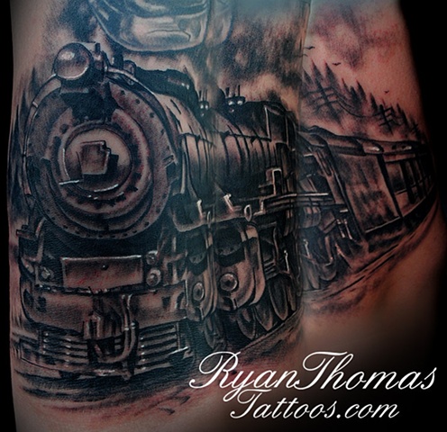 Train tattoo, train, half sleeve, Realistic, Fully Healed, Ryan W Thomas, Ryan Thomas, Tattoos By Ryan Thomas, Black and Gray, Full Color, tattoos,