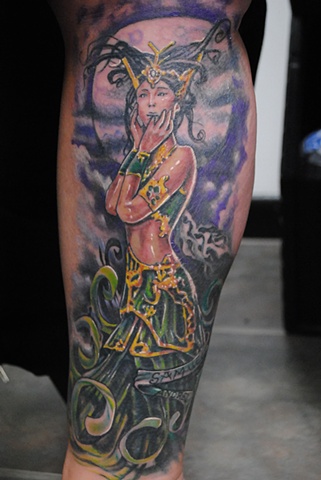 Cover Up, Realistic, Fully Healed, Ryan W Thomas, Ryan Thomas, Tattoos By Ryan Thomas, Black and Gray, Full Color, tattoos, mystical woman tattoo, leg sleeve, tattoos