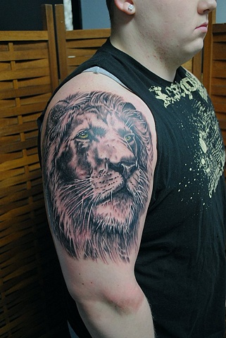 Lion Tattoo, Realistic, Fully Healed, Ryan W Thomas, Ryan Thomas, Tattoos By Ryan Thomas, Black and Gray, Full Color, tattoos, animal tattoos, half arm sleeve, lion,