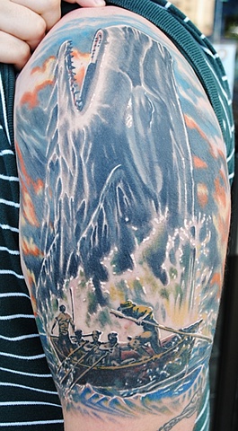 Moby Dick Tattoo, Realistic, Fully Healed, Ryan W Thomas, Ryan Thomas, Tattoos By Ryan Thomas, Black and Gray, Fully color half sleeve, half sleeve, mody dick, tattoos