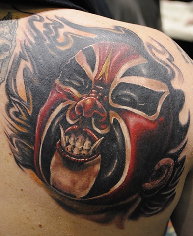 Japanese Mask, Realistic, Fully Healed, Ryan W Thomas, Ryan Thomas, Tattoos By Ryan Thomas, Black and Gray, Full Color, tattoos, japanese tattoos, tattoos, japanese mask tattoo, back piece