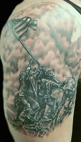 Iwo Jima, Tattoo, black and gray, realistic, american flag, arm tattoo, ryan thomas, soldiers, ryan w thomas