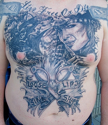 Realistic, Fully Healed, Ryan W Thomas, Ryan Thomas, Tattoos By Ryan Thomas, Black and Gray tattoos, Full Color tattoos, tattoos, Front body suit tattoo, pirate themed tattoo, pirate tattoo, black and grey chest piece, black and gray chest piece