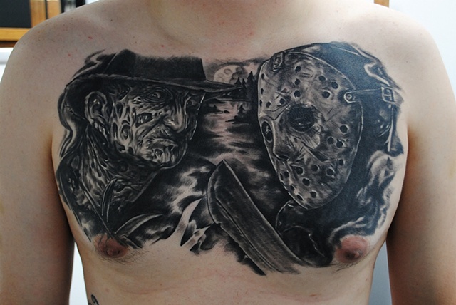 Realistic, Fully Healed, Ryan W Thomas, Ryan Thomas, Tattoos By Ryan Thomas, Black and Gray, Full Color, tattoos, Freddy tattoo, Jason tattoo, freddy vs jason tattoo, tattoos, chest piece, chest piece tattoo
