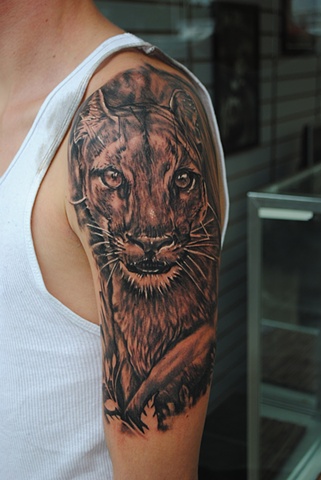 Realistic, Fully Healed, Ryan W Thomas, Ryan Thomas, Tattoos By Ryan Thomas, Black and Gray, Puma tattoo, tattoos, animal tattoos, half sleeve, animal tattoos
