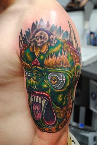 tribal war mask, tribal war mask tattoo, cover up, half sleeve, Realistic, Fully Healed, Ryan W Thomas, Ryan Thomas, Tattoos By Ryan Thomas, Black and Gray, Full Color, tattoos,
