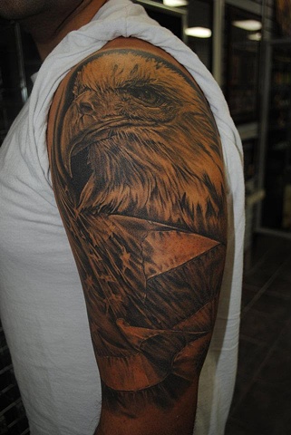 Realistic, Fully Healed, Ryan W Thomas, Ryan Thomas, Tattoos By Ryan Thomas, Black and Gray, Tattoos, patriotic tattoo, eagle, american flag, half sleeve, eagle tattoo