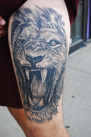 Lion Tattoo, Realistic, Fully Healed, Ryan W Thomas, Ryan Thomas, Tattoos By Ryan Thomas, Black and Gray, Full Color, tattoos, animal tattoos, Leg sleeve, lion, 