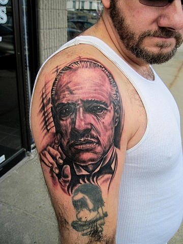 Realistic, Fully Healed, Ryan W Thomas, Ryan Thomas, Tattoos By Ryan Thomas, Black and Gray tattoos, Full Color tattoos, tattoos, godfather portrait, godfather tattoo, godfather portrait tattoo, portrait tattoos