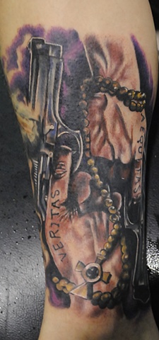 Boondock Saints Tattoo, Realistic, Fully Healed, Ryan W Thomas, Ryan Thomas, Tattoos By Ryan Thomas, Black and Gray, Full Color, tattoos, leg sleeve, movie tattoo, Boondock saints
