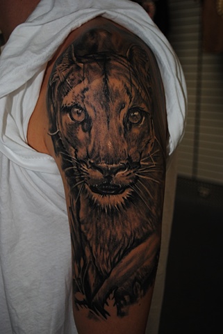 Realistic, Fully Healed, Ryan W Thomas, Ryan Thomas, Tattoos By Ryan Thomas, Black and Gray, Puma tattoo, tattoos, animal tattoos, half sleeve, animal tattoos