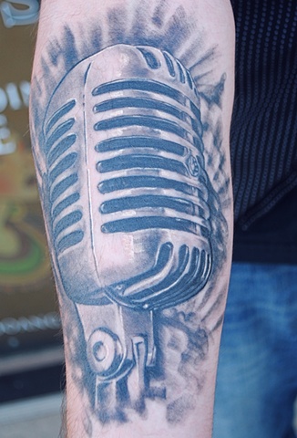 Microphone tattoo, Tattoos, Realistic, Fully Healed, Ryan W Thomas, Ryan Thomas, Tattoos By Ryan Thomas, Black and Gray, 