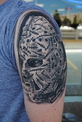 Realistic, Fully Healed, Ryan W Thomas, Ryan Thomas, Tattoos By Ryan Thomas, Black and Gray, Full Color, tattoos, bruins tattoo, hockey goalie,  Gerry Cheever, portrait tattoo, tattoos, portrait