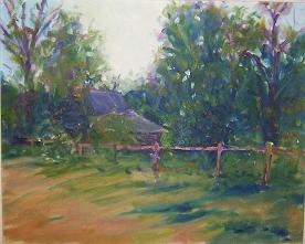 original, oil, painting, lanscape,vintage, cabin,trees
