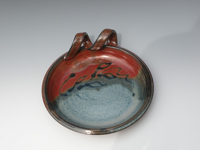 Brie Baker, cayenne and blue, with glaze leaf design