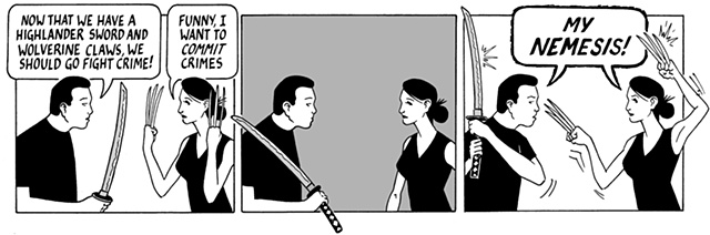 nothing happened today, comic, webcomic, samurai sword, wolverine, claws, duel
