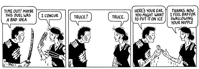 nothing happened today, comic, webcomic, samurai sword, wolverine, claws, duel, nipple, ear