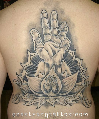 lotus om back piece tattoo