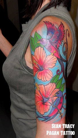 swallows and tropical flowers hibiscus tattoo