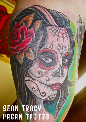 dead girl mexican sugar skull portrait tattoo