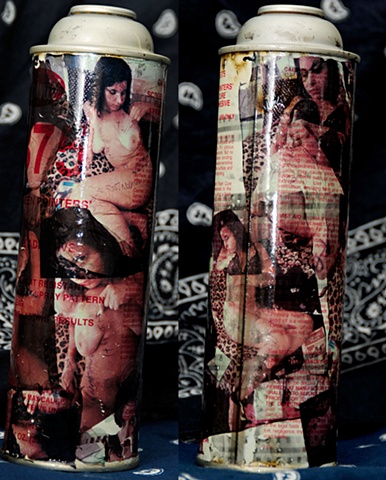 screen printing spray adhesive can coated with liquid light and wrapped in polaroid emulsion transfers