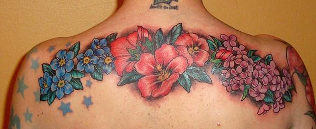 Forget me nots, hollyhocks, lilacs