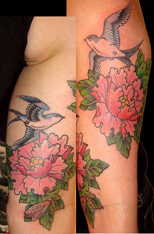 Swallows and peonies