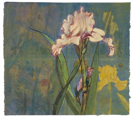 monotype mural with painting and drawing elements, large floral, pattern