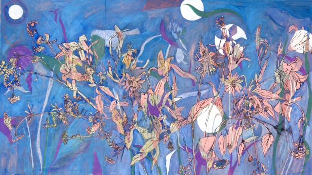 monotype mural with drawing and painting elements, floral, large, pattern, botanical