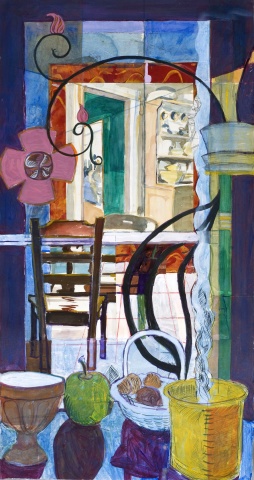 mixed materials, work on paper, interior, narrative, pattern