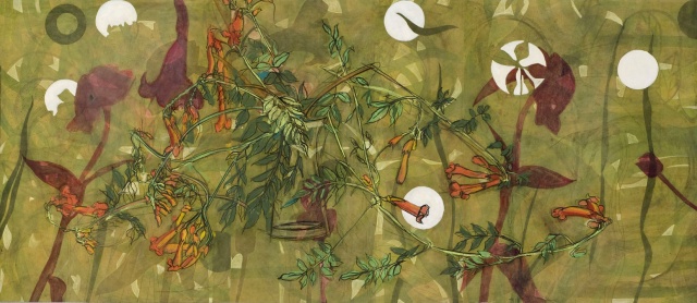 monotype mural with painting and drawing elements, large floral, pattern