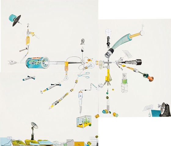 Large paper collage mounted on panels including a system of yellow tubes and implied landscape by Anne Roecklein.