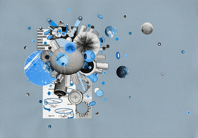 Paper collage with blue and grey circle, sphere, and tube forms by Anne Roecklein