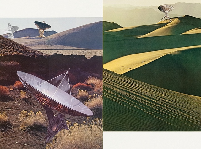Large composite landscape paper collage including sand dunes and radio telescopes by Anne Roecklein.