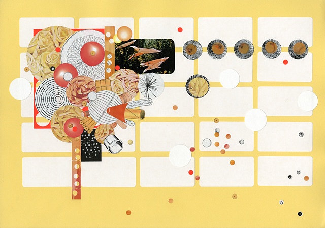 Paper collage with black, white, and orange sphere, tube, flower, and fish forms on yellow paper by Anne Roecklein