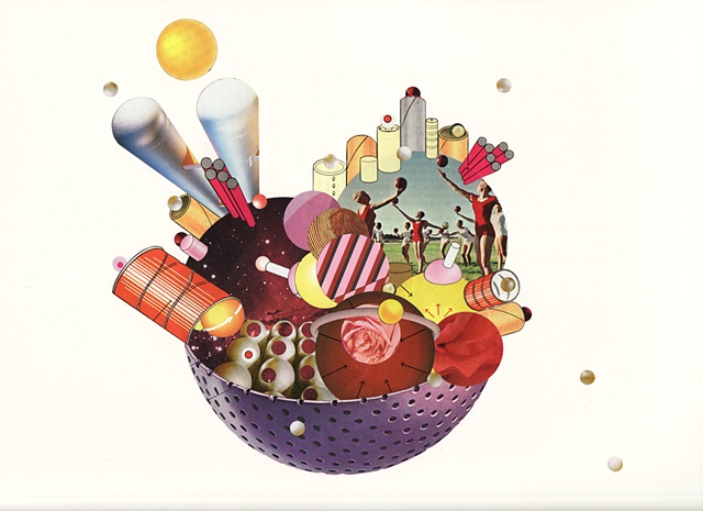 Paper collage with gymnasts spheres and tubes in bright colors by Anne Roecklein