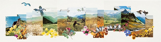 large landscape paper collage with mountains birds flowers by Anne Roecklein