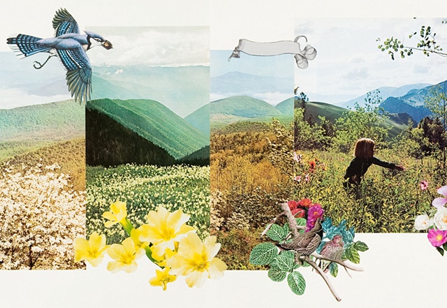 large landscape paper collage with mountains birds flowers by Anne Roecklein