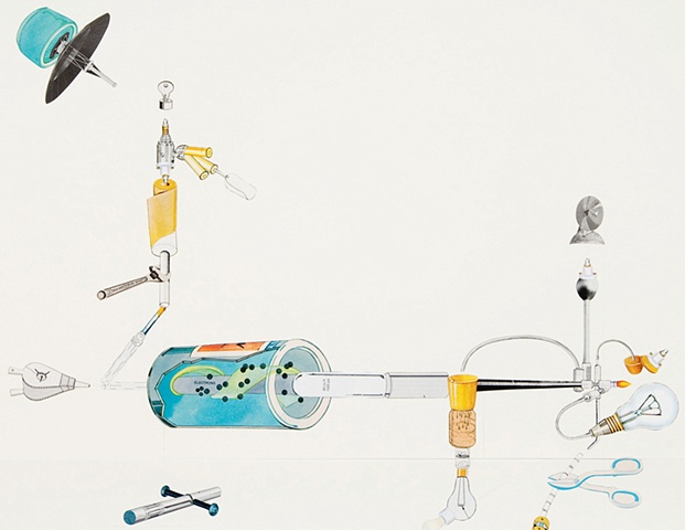 Large paper collage mounted on panels including a system of yellow tubes and implied landscape by Anne Roecklein.